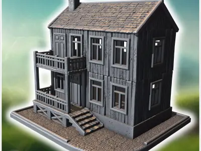 Two-story wooden house with a balcony intact windows and a stone 3D print model