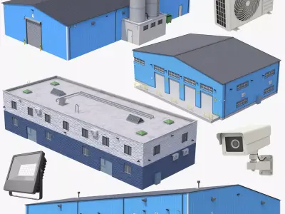 4 Blue Industrial Buildings 3D Model Pack