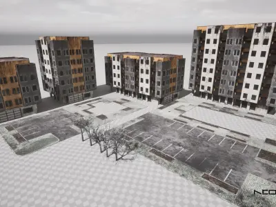Abandoned Apartment Blocks Low-poly 3D model