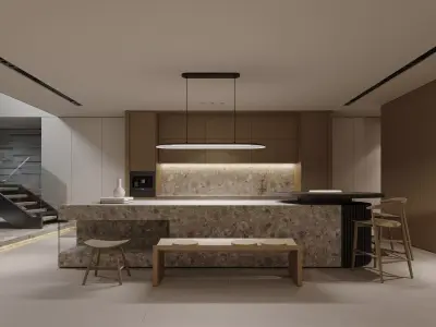 Living Room and Kitchen with Dinning Set Low-poly-113 Low-poly 3D model