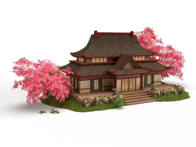 Asian Japanese stylised temple Game Ready Low-poly 3D model
