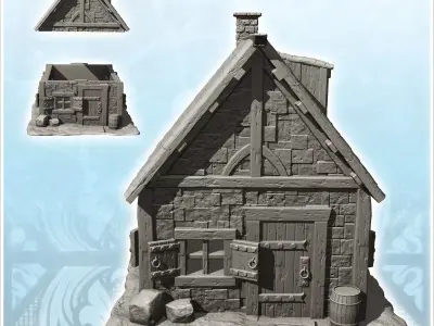 Medieval house with tiled roof floor window and accessories 3 -  3D print model