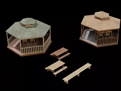 Gazeboo and Bench Low-poly 3D models  3D Model Pack