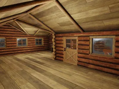 Medium Log Cabin with Interior Fireplace Doors and Windows Low-poly 3D model