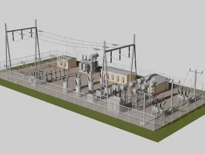 Substation Set 3 power station with wires and poles Low-poly 3D model