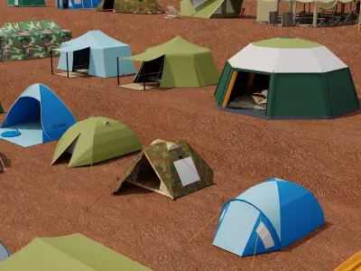 Camping Tent Pack Variety Low Poly Military Glamping Tents Low-poly 3D model