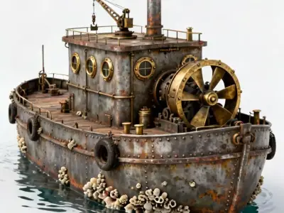 Steampunk Rusty Paddleboat House 3D Model Low-poly 3D model