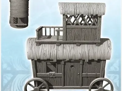 Merchant caravan on wooden wheels with terrace 1 - Medieval Goth 3D print model