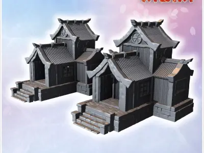 Group of traditional Japanese buildings with wooden walls tiered 3D print model