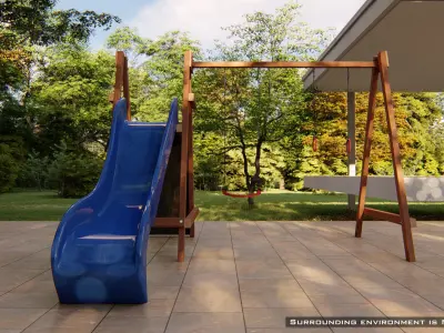 Wooden outdoor swing set with slide 3D model