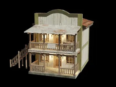 Enterable Vintage West Hotel House  Low-poly 3D model