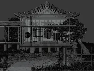 Japanese house with a small pond 3D model