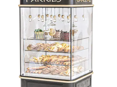 Display case in a bakery with pastries bread and croissants 3D model