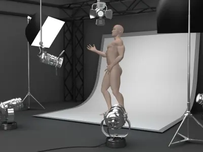 Photo studio equipment and white background 3D model