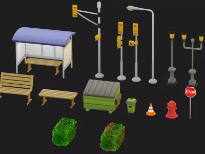 Low Poly City Street Props Pack - 17 Game Ready Assets Low-poly 3D model