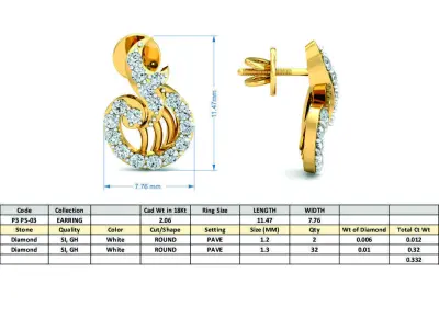 Yellow gold diamond earring-P3 PSER-03 3D print model