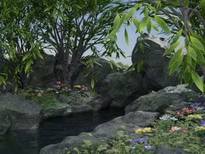 Scene garden with plants and rocks 3D model