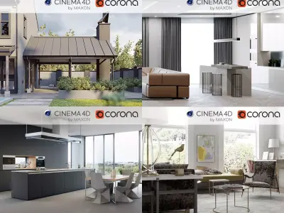Set 1 - Corona C4D - 4 x Scenes 3D Model Pack