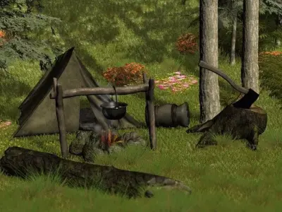 CAMPING tent and logs in woods 3D model