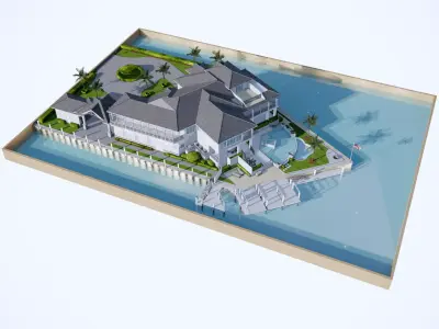 Luxury Waterfront Mansion  with Dock and Pool - High Detail Low-poly 3D model