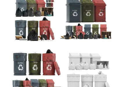 Garbage set trash cans and bags Low-poly 3D model