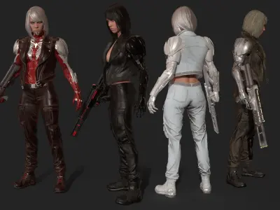 CyborgKiller woman holding gun Low-poly 3D model