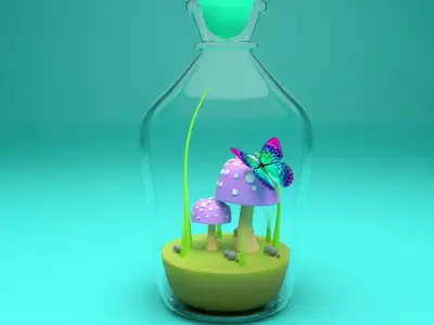 Mushrooms and Rigged Animation Butterfly in Bottle 3D Model 3D model