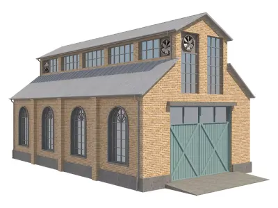 Warehouse 5 brick building with windows and doors Low-poly 3D model