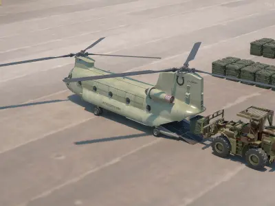  Forklift Loads Cargo to the Transport Helicopter CH 47 Chinook 