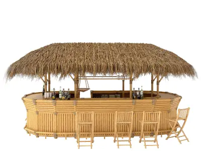 Thatched Bamboo tiki bar oval with chairs 3D model