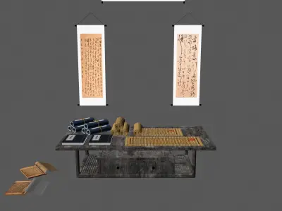 Ancient Chinese books wooden slips desk 3D model