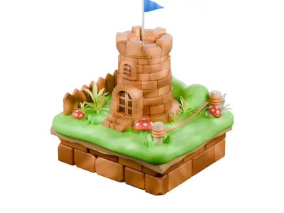 Stylized Cartoon Castle Tower Isometric 3D model