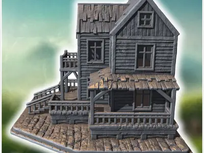 Old wooden tavern with a sign front porch balconies and visible  3D print model