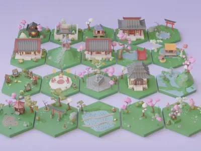 Low Poly Asian Style Set Low-poly 3D model