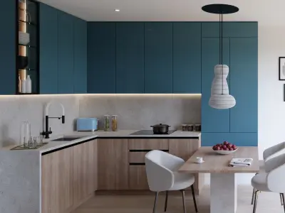 U-Shape modern mini kitchen in blue and walnut 3D model 3D model