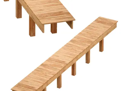 Wooden board bridge across the river 3D model