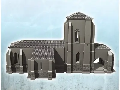 European church with bell tower tiled roof and numerous buttress 3D print model