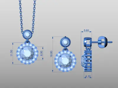 One Carat Diamond Jewelry of Necklace and Earrings Set 3D print model