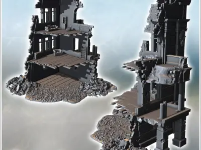 Narrow damaged building with decorative elements and broken wall 3D print model