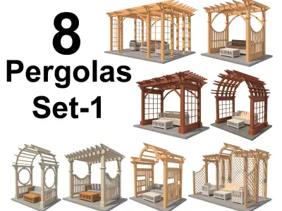 8 Pergolas Set 1 wooden pergola with arched roof Low-poly 3D model
