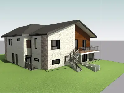 Modern Two-Storey House Exterior 3D Model with Materials Low-poly 3D model
