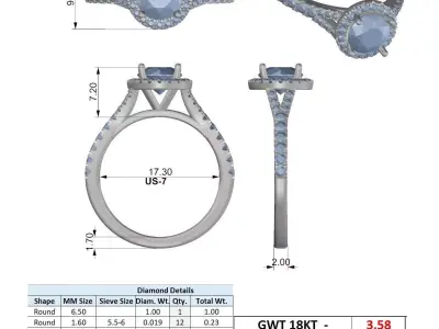 Round Halo Diamond Engagement Ring CAD Model 3D print model