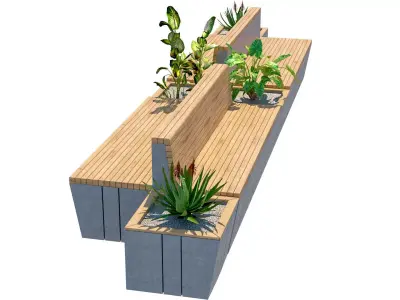 outdoor modern wood concrete bench with planter Low-poly 3D model