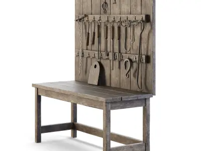 Old Wooden Wall Table with Tools 3D model