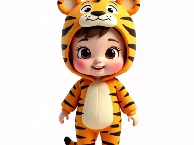 Adorable Cartoon Girl in Tiger Costume 3D Model Low-poly 3D model