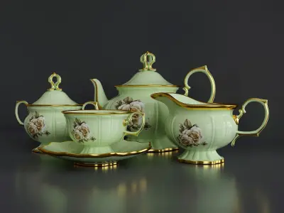 Antique porcelain tea set with flowers 3D model