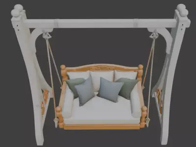 Carved Wooden Hanging Swing with Cushions 3D model