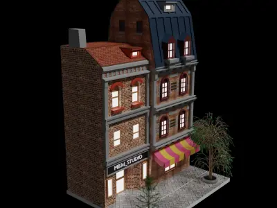 Buildings brick building with awning Low-poly 3D model