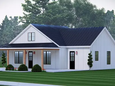 Modern White Farmhouse Exterior with Metal Roof 3D House Model 3D model