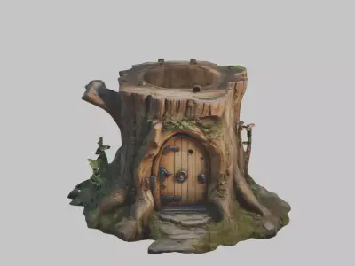 Stylized Tree Stump with Wooden Door Low-poly 3D model